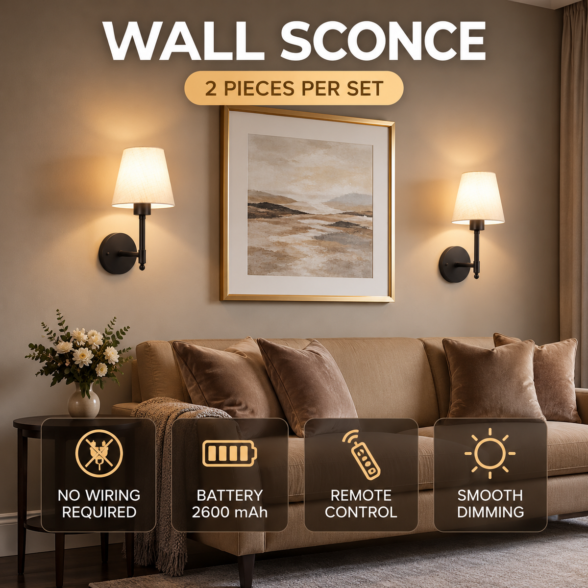 Two black wall sconces with white conical shades mounted on a beige wall above a brown sofa, with large text reading 'WALL SCONCE' and feature callouts including '2 PIECES PER SET', 'NO WIRING REQUIRED', 'BATTERY 2600 mAh', 'REMOTE CONTROL', and 'SMOOTH DIMMING'.