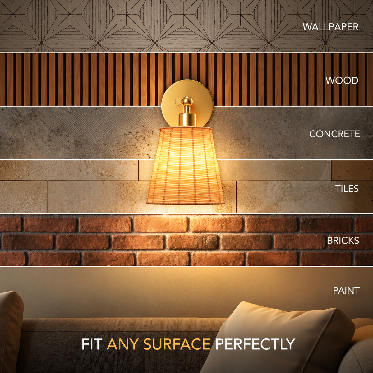 A wall-mounted lamp with a warm glowing woven shade and gold-toned fixture, shown installed on a wall with horizontal material samples labeled wallpaper, wood, concrete, tiles, bricks, and paint. Text at the bottom reads 'FIT ANY SURFACE PERFECTLY'.