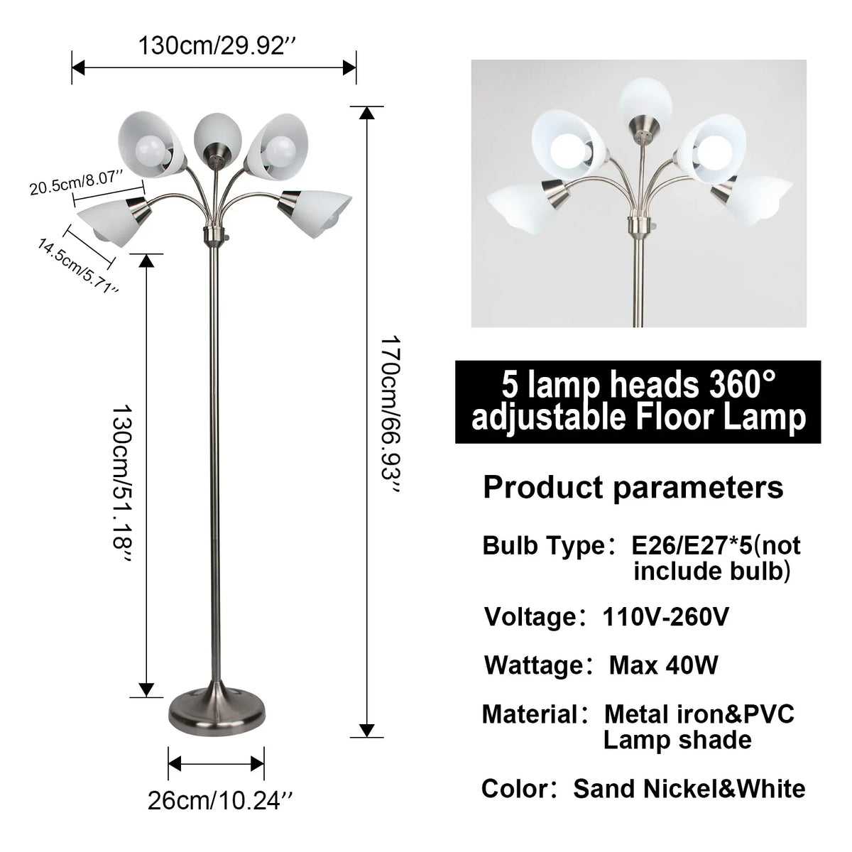Modern Floor Lamp | Adjustable 5-Head Design with Stable Base | Versatile Lighting for Reading and Work 4