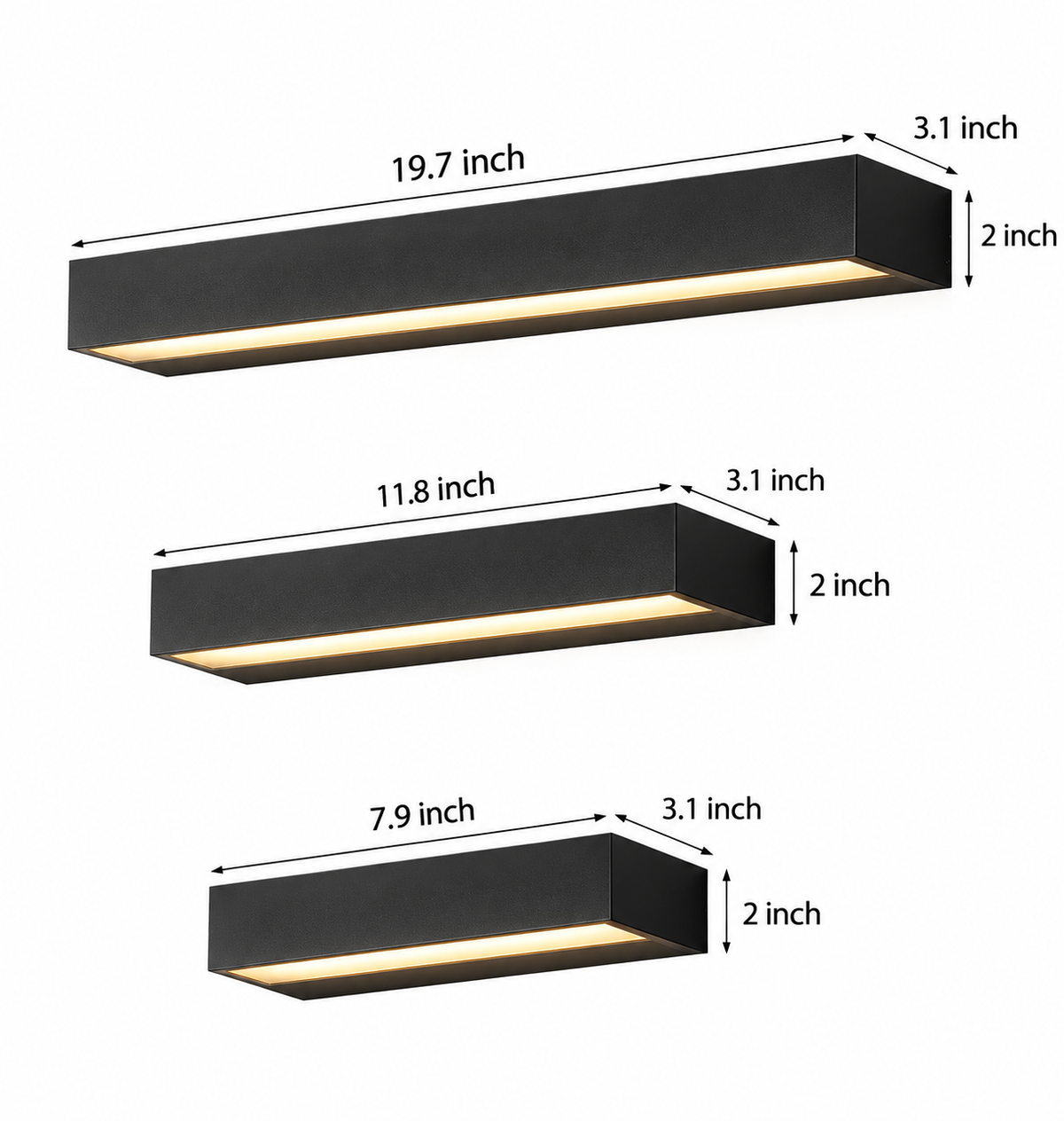 Three black rectangular wall sconces shown with dimension labels indicating width, height, and light coverage on a white background.