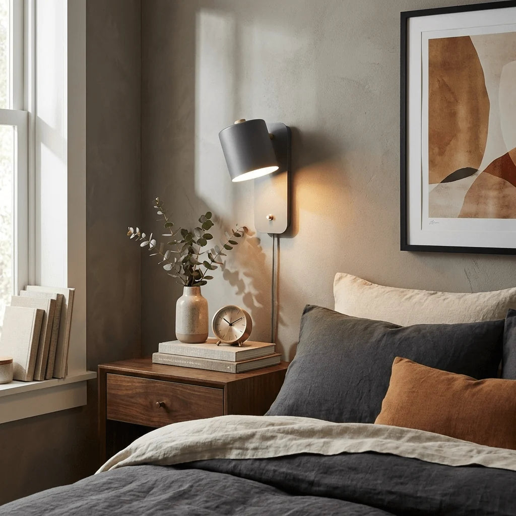 Cozy bedroom with a bed, nightstand, lamp, and decorative items.