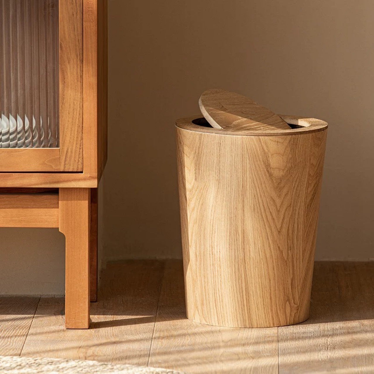 Artisanal Timber-Style Kitchen Bin with 360° Rotating Lid for Modern Spaces 5