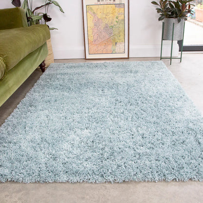 A light blue shag area rug laid on a concrete floor in a modern living room setting, with a green sofa on the left and a framed map on the wall behind.