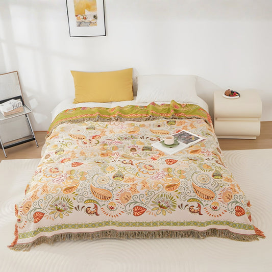 Autumn Leaf Collection | Reversible Boho Blanket with Tasseled Edges | Lightweight Cotton Throw for Versatile Comfort 0