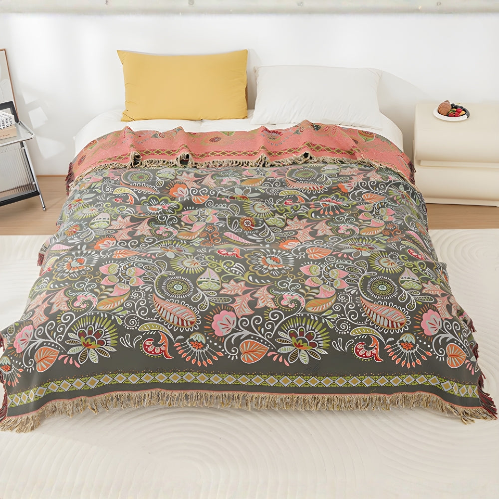 Autumn Leaf Collection | Reversible Boho Blanket with Tasseled Edges | Lightweight Cotton Throw for Versatile Comfort 1