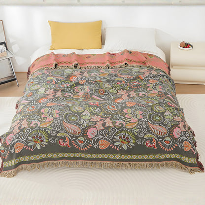 Autumn Leaf Collection | Reversible Boho Blanket with Tasseled Edges | Lightweight Cotton Throw for Versatile Comfort 1