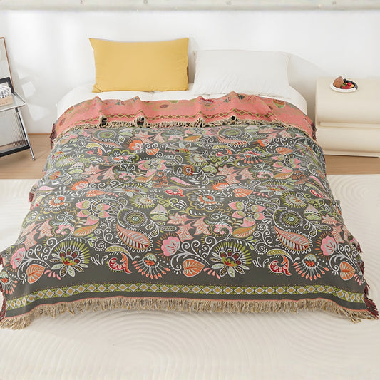 Autumn Leaf Collection | Reversible Boho Blanket with Tasseled Edges | Lightweight Cotton Throw for Versatile Comfort 1