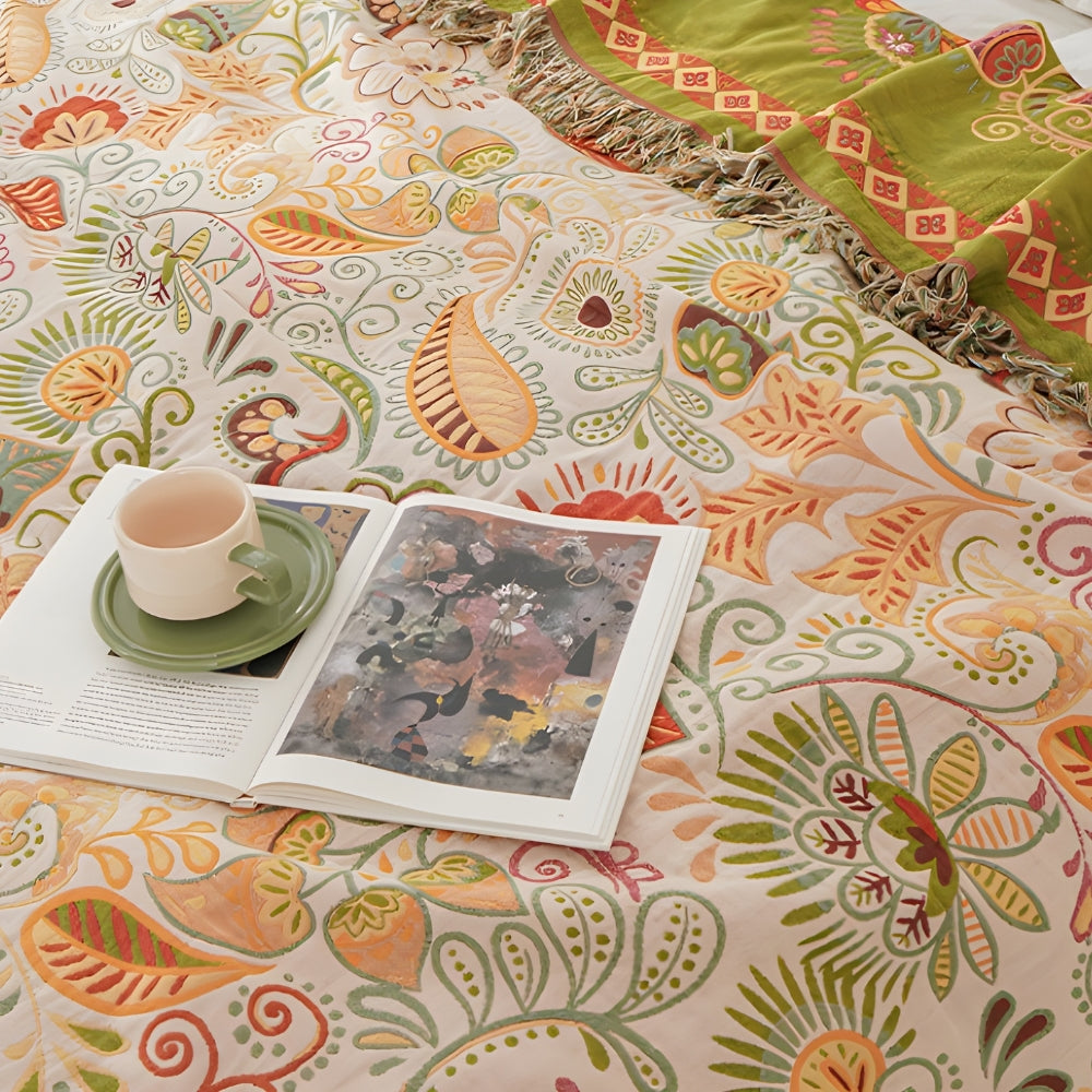 Autumn Leaf Collection | Reversible Boho Blanket with Tasseled Edges | Lightweight Cotton Throw for Versatile Comfort 3