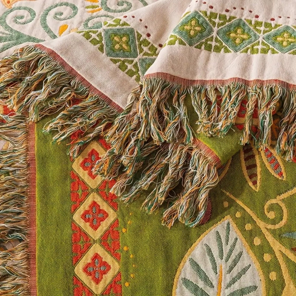 Autumn Leaf Collection | Reversible Boho Blanket with Tasseled Edges | Lightweight Cotton Throw for Versatile Comfort 4