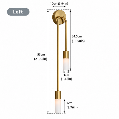 A wall-mounted single light fixture shown with dimension callouts on a white background. The fixture has a brushed gold finish with frosted white glass shades and labels indicate measurements: 53 cm total height, 10 cm wall mount width, 3 cm shade width, and 7 cm shade height.