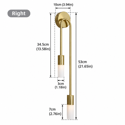A wall-mounted sconce shown with dimension callouts on a white background, labeled 'Right' to indicate the right-side view. The fixture has a brushed gold finish with frosted white cylindrical shades, and measurements for width, height, and shade depth are annotated in centimeters and inches.