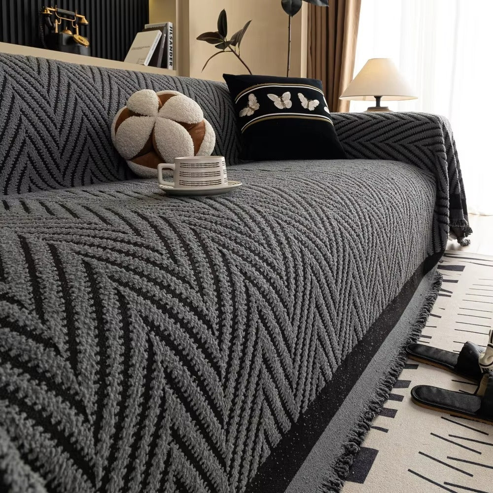 Chevron Herringbone Couch Cover | Soft Microfiber Slipcover Sofa with Tassel Edges | Stylish Protection for Modern Interiors 0