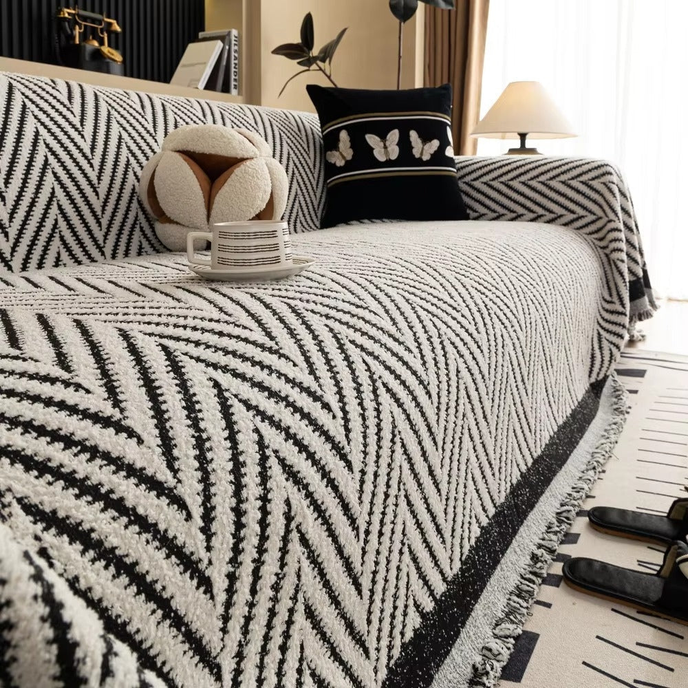 Chevron Herringbone Couch Cover | Soft Microfiber Slipcover Sofa with Tassel Edges | Stylish Protection for Modern Interiors 1