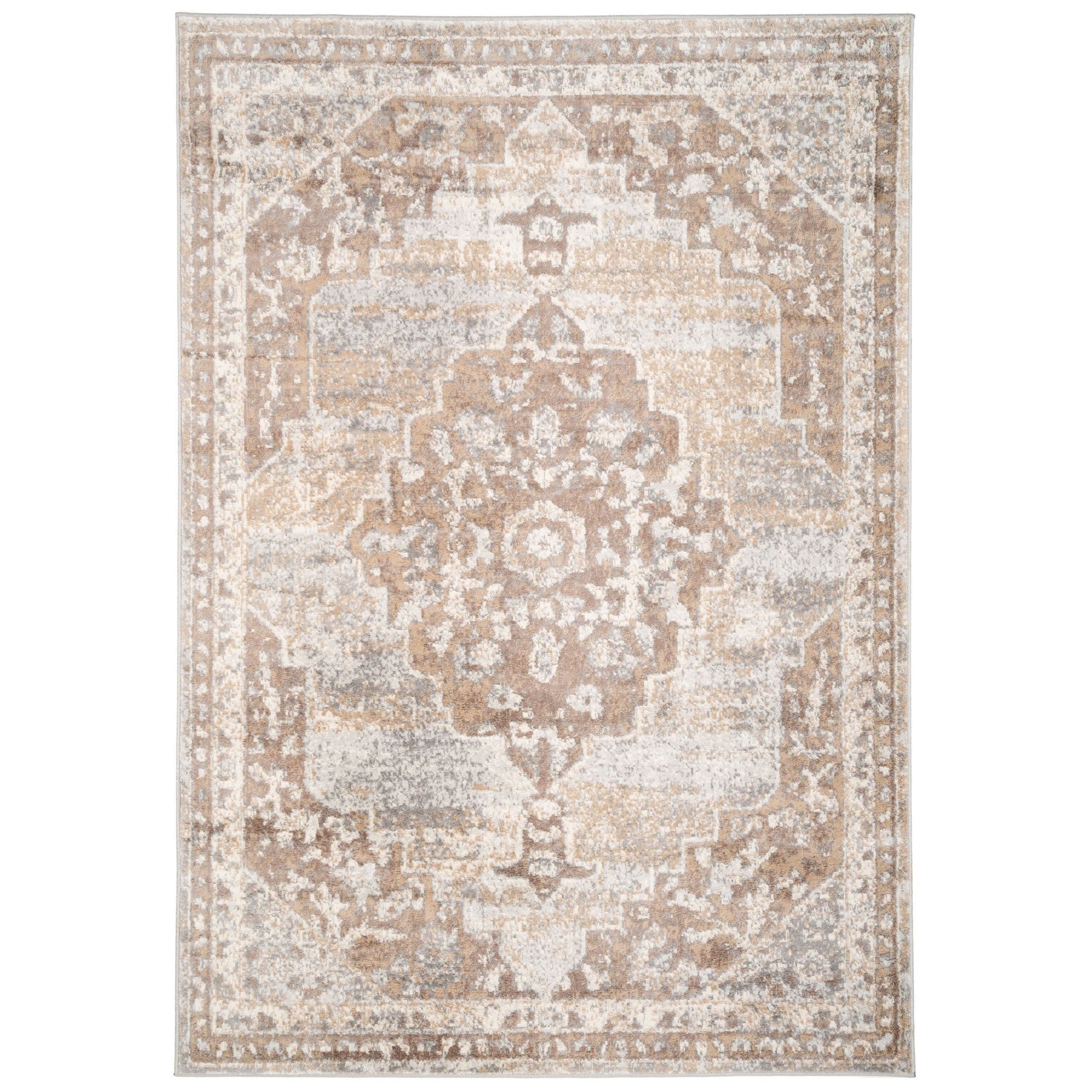 Chic Beige Area Rug | Distressed Design for Elegant Living Room Decor 0