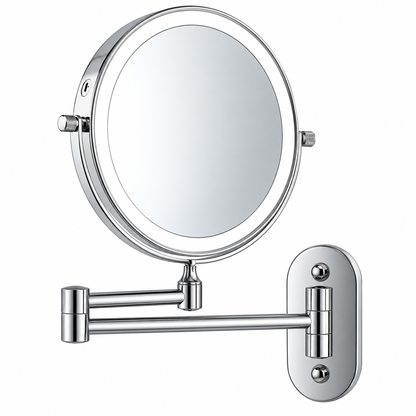 A wall-mounted round magnifying mirror with a polished chrome/silver metal frame and adjustable arm, shown against a plain white background.
