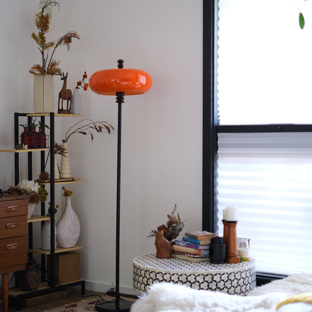 CitrusGlow | Vibrant Retro Teak Wood Floor Lamp with Orange Glass Shade 6