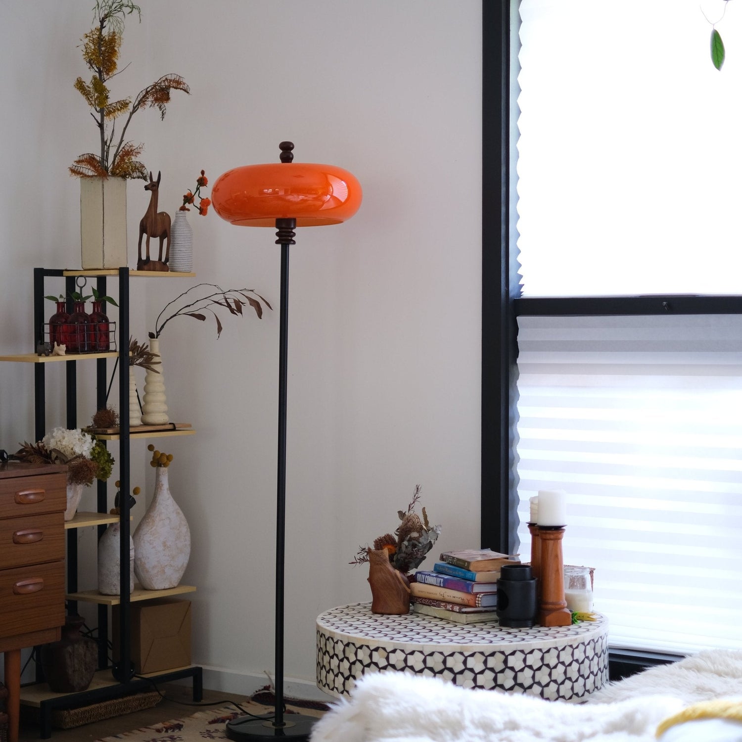 CitrusGlow | Vibrant Retro Teak Wood Floor Lamp with Orange Glass Shade 6