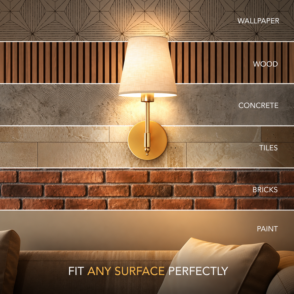 A wall-mounted lamp with a warm white conical shade and gold circular base is shown lit against several horizontal wall finish options labeled Wallpaper, Wood, Concrete, Tiles, Bricks, and Paint. Text at the bottom reads 'FIT ANY SURFACE PERFECTLY.