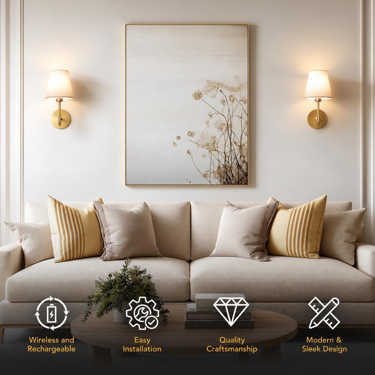 A beige fabric sofa in a styled living room setting, decorated with striped and solid beige pillows, a small potted plant on a dark wooden coffee table, and a large vertical framed botanical art print on the wall above. Two gold wall sconces are lit on either side of the artwork.