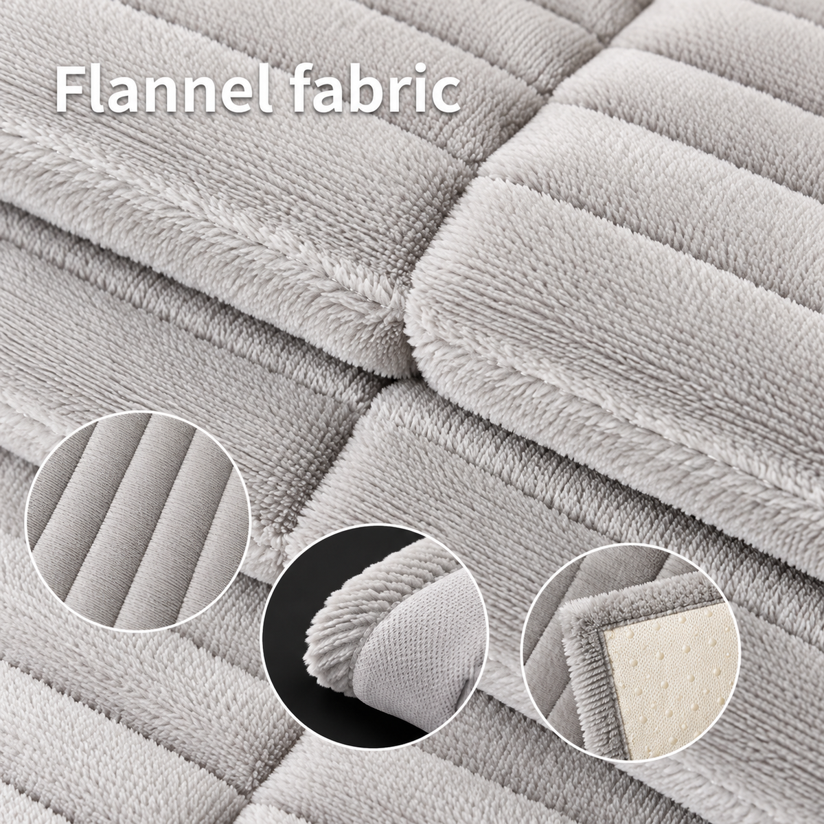 Close-up of a light gray flannel quilted fabric surface with three circular detail insets showing texture, fold, and edge construction. White text at the top reads 'Flannel fabric'.