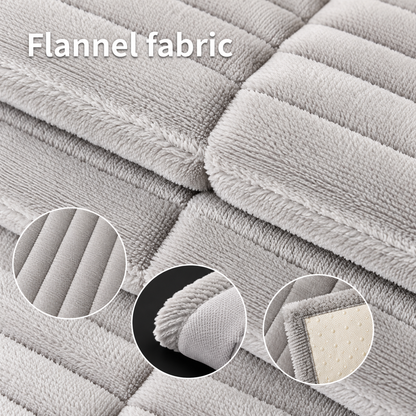 Close-up of a light gray flannel quilted fabric surface with three circular detail insets showing texture, fold, and edge construction. White text at the top reads 'Flannel fabric'.