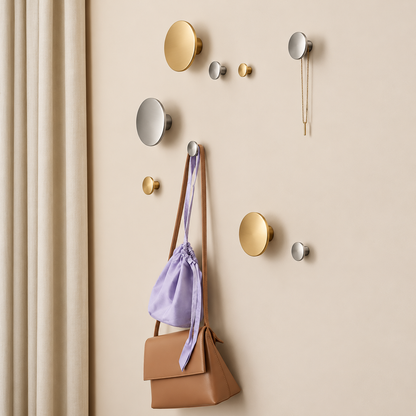 A styled interior scene showing a beige wall with multiple round wall hooks in gold and silver finishes, alongside a curtain on the left. A tan handbag and a light purple drawstring bag hang from the hooks, with a necklace hanging on a wall hook on the right.