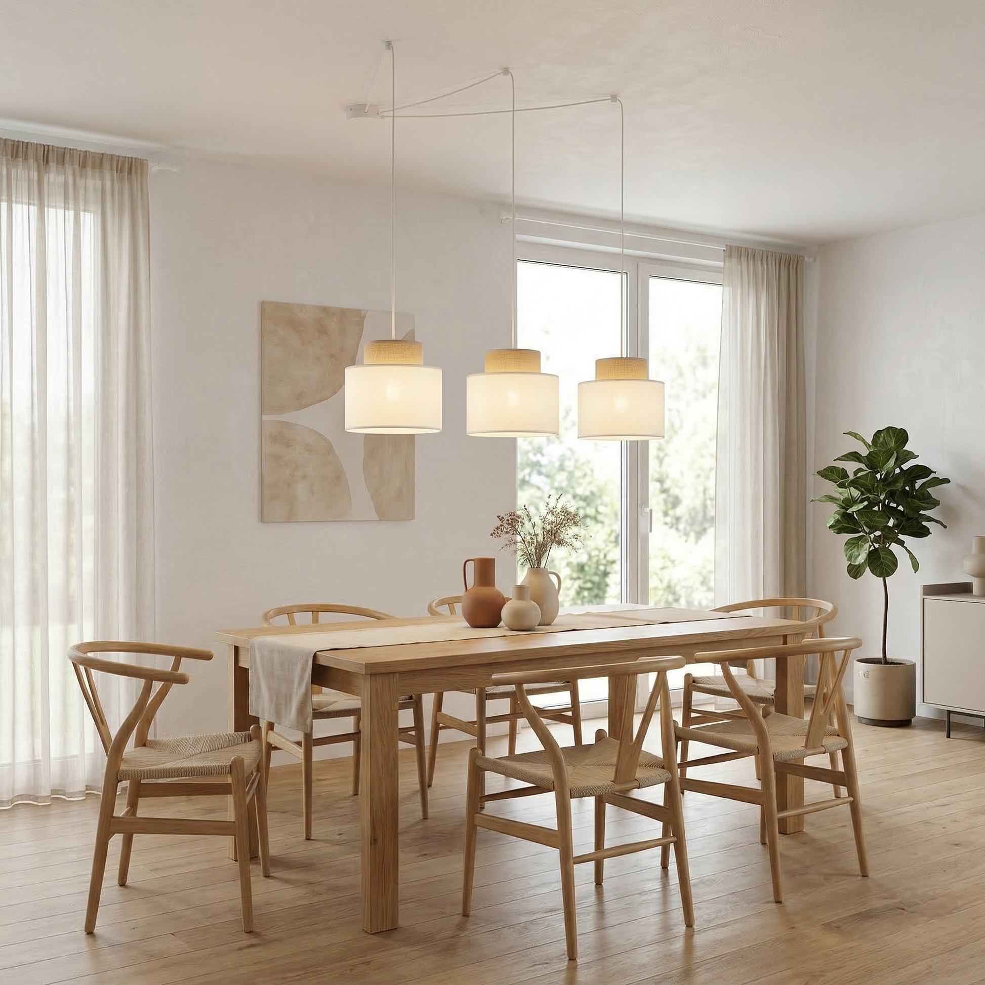 Duo Collection | Adjustable 3-Light Pendant Light with Linen & Jute Shades | Versatile Kitchen Island Lighting for Modern Spaces 0