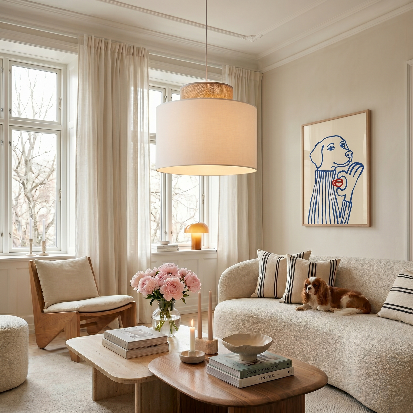 Duo White | Scandinavian Pendant Ceiling Light with Woven Jute Accent | Adjustable Height for Warm Ambient Glow 1