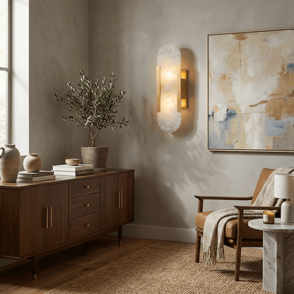 Elegant Alabaster Wall Sconce with Brass Accents | Handcrafted Lighting for Timeless Elegance 4