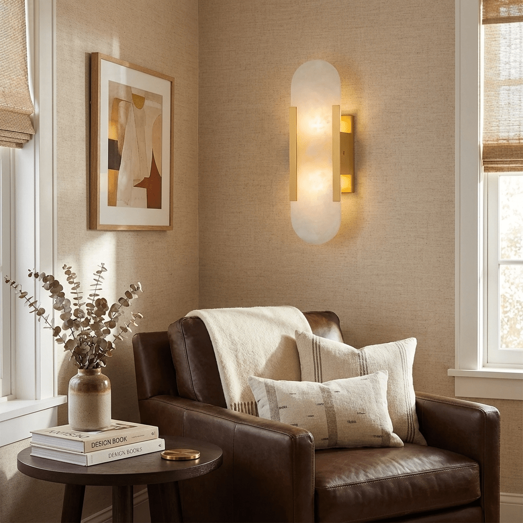 Elegant Alabaster Wall Sconce with Brass Accents | Handcrafted Lighting for Timeless Elegance 6