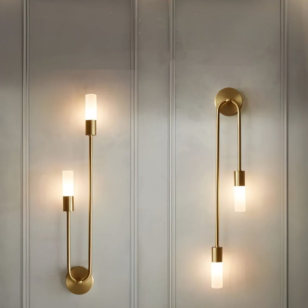 Elegant Gold Wall Sconce | Modern Lighting with Double Frosted Glass Cylinders | Stylish Décor for Warm Ambiance 1