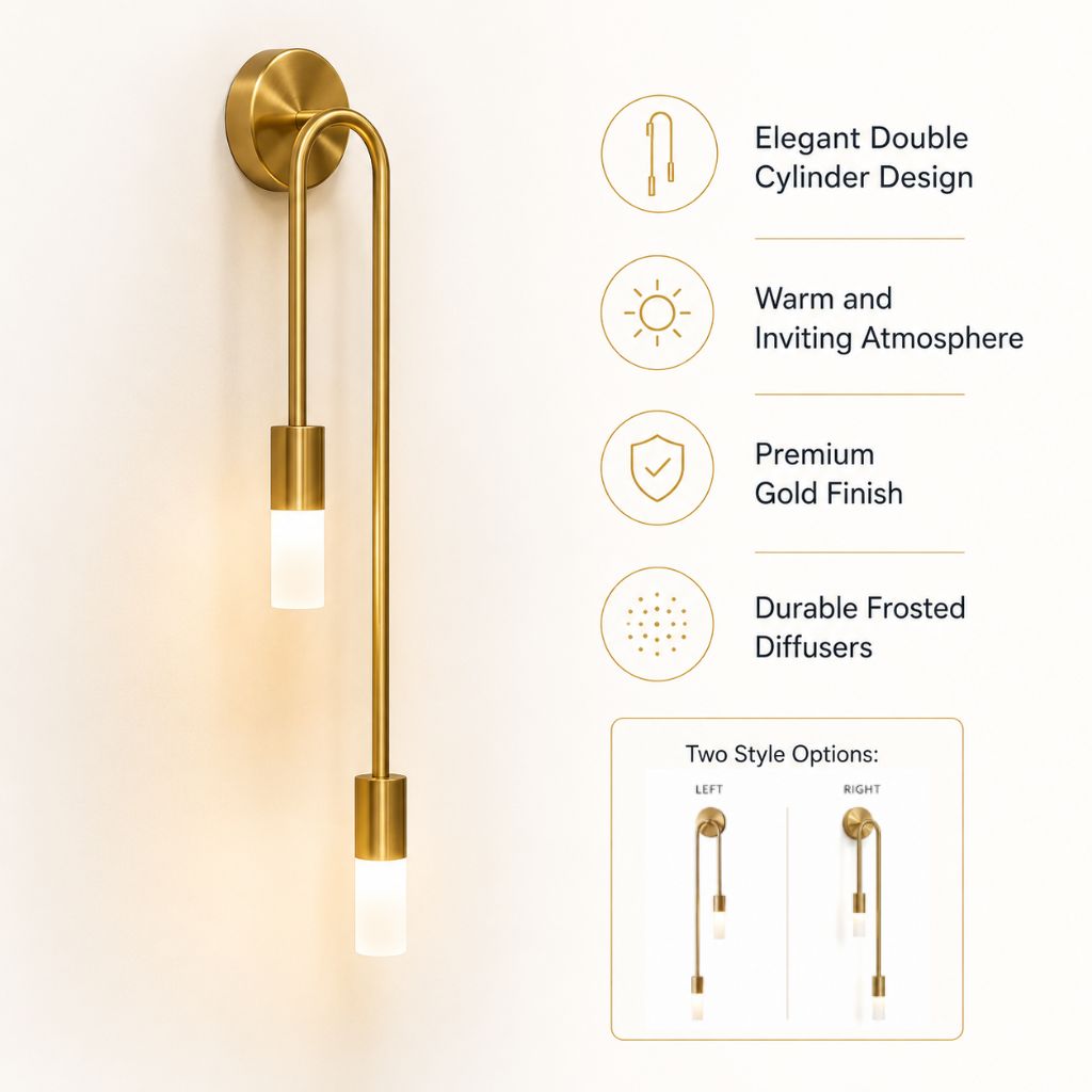Elegant Gold Wall Sconce | Modern Lighting with Double Frosted Glass Cylinders | Stylish Décor for Warm Ambiance 2