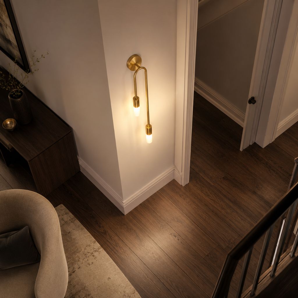 Elegant Gold Wall Sconce | Modern Lighting with Double Frosted Glass Cylinders | Stylish Décor for Warm Ambiance 7