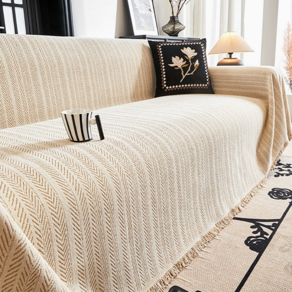 Elegant Herringbone Couch Cover | Soft Chenille Protector with Tassels for Pet-Friendly Furniture 0