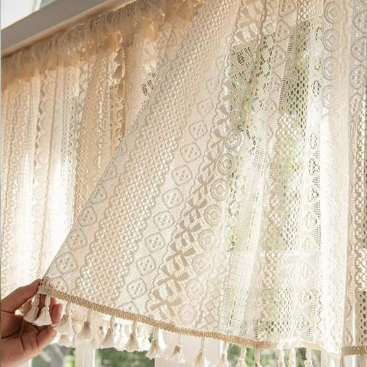 Elegant Lace Sheer Curtains with Charming Tassels | Versatile Home Decor for Living Room, Bedroom, and Kitchen 0