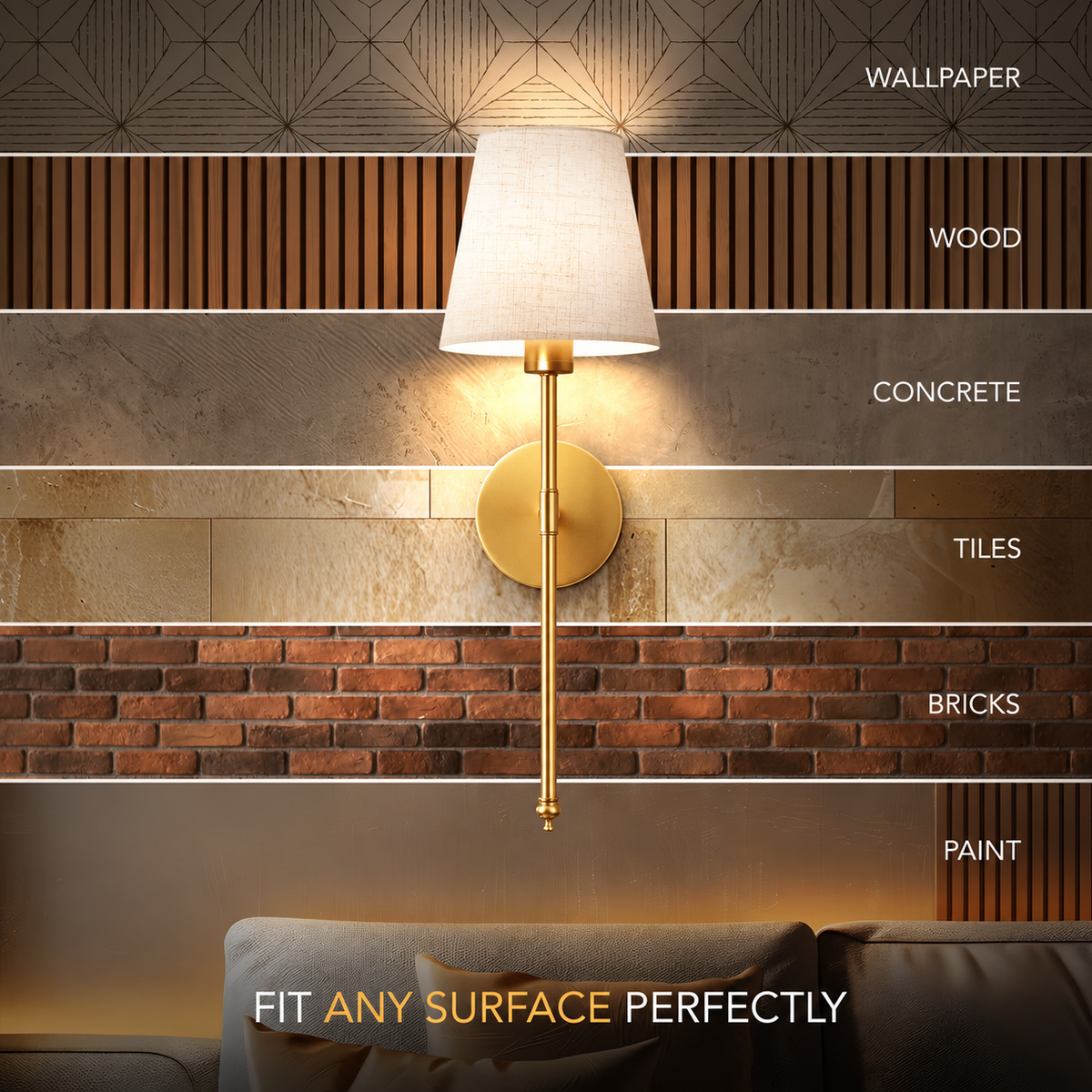 A wall-mounted sconce with a white tapered lampshade and gold metal fixture shown lit against a styled interior wall with text labels for wallpaper, wood, concrete, tiles, bricks, and paint. A sofa is partially visible at the bottom, and the text 'FIT ANY SURFACE PERFECTLY' appears at the bottom.