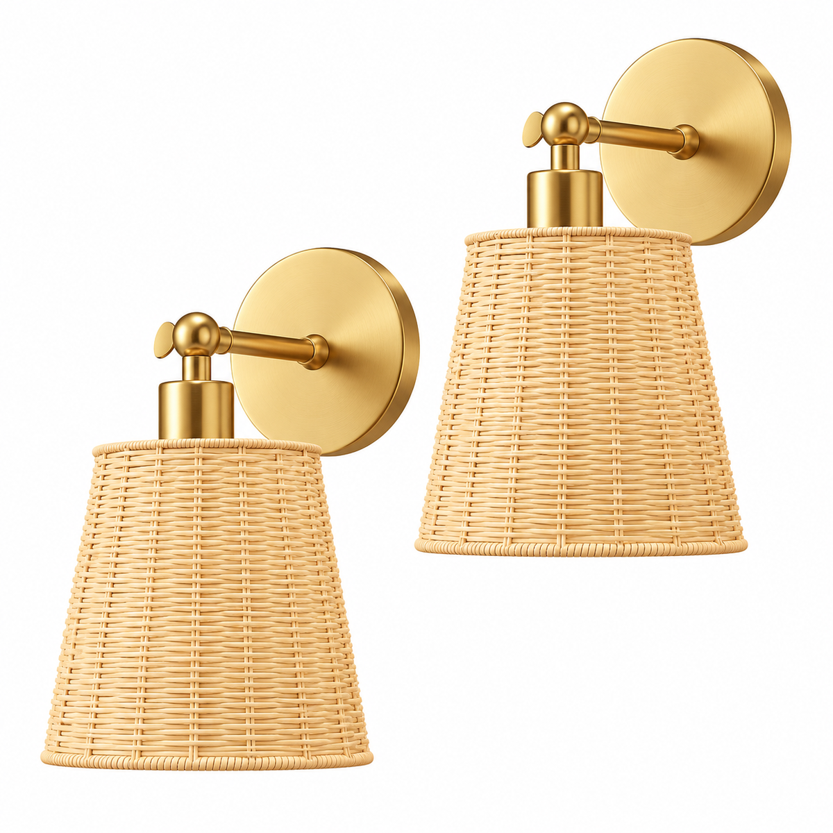 Two matching wall sconces with woven natural rattan shades and brushed gold metal fixtures, shown on a plain white background.