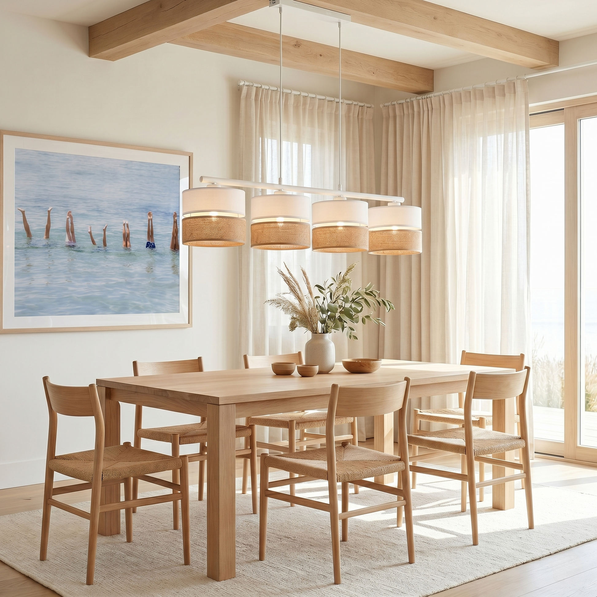 Elegant | Linear Pendant Light Fixture with Linen & Jute Shades | Soft Ambient Lighting for Dining Areas 0