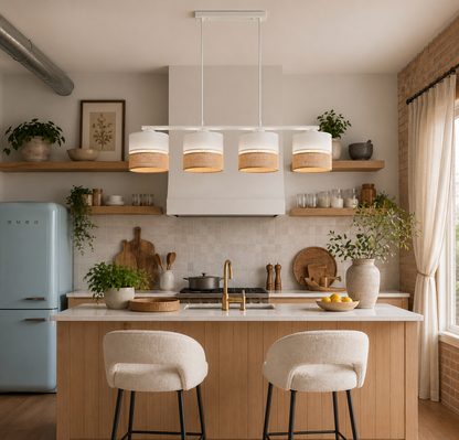 Elegant | Linear Pendant Light Fixture with Linen & Jute Shades | Soft Ambient Lighting for Dining Areas 2