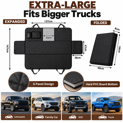 Extra-large black truck bed floor mat shown expanded and folded with dimensions, plus feature callouts including 6-panel design, hard PVC board bottom, and compatibility with limousine, family car, SUV, and truck.