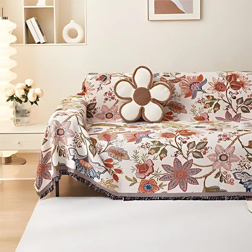 Floral Throw Blanket with Elegant Tassels | Cozy Polyester-Cotton Decor for Home Aesthetics 0