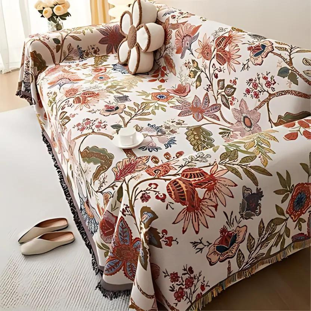Floral Throw Blanket with Elegant Tassels | Cozy Polyester-Cotton Decor for Home Aesthetics 1