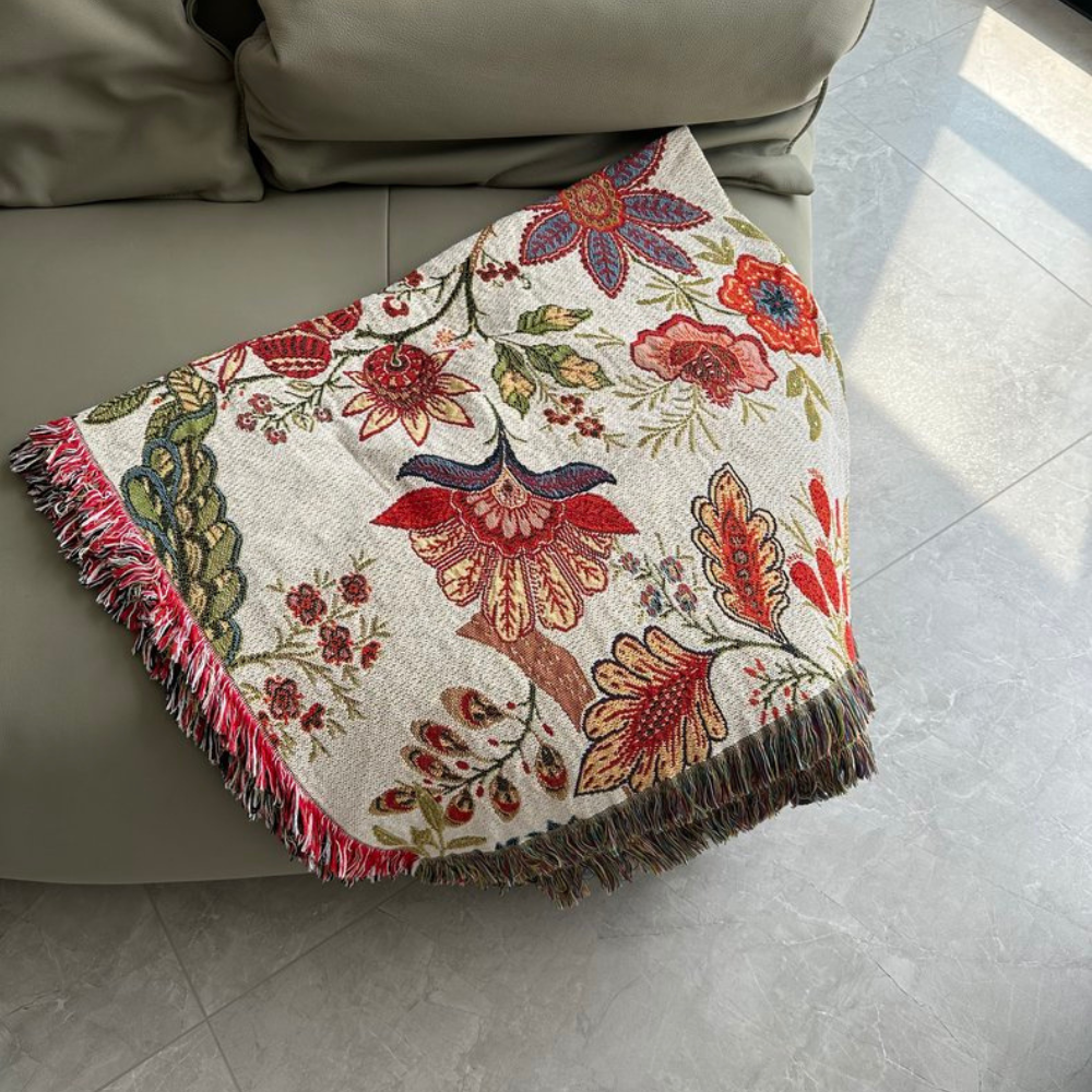 Floral Throw Blanket with Elegant Tassels | Cozy Polyester-Cotton Decor for Home Aesthetics 3