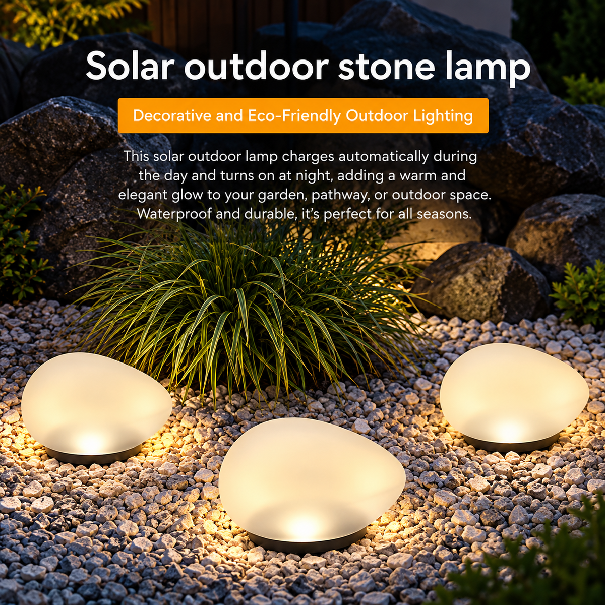 Three solar outdoor stone lamps glowing with warm light on a bed of white gravel, surrounded by green plants and dark rocks. Text at the top reads 'Solar outdoor stone lamp' with descriptive copy about automatic charging and garden lighting.