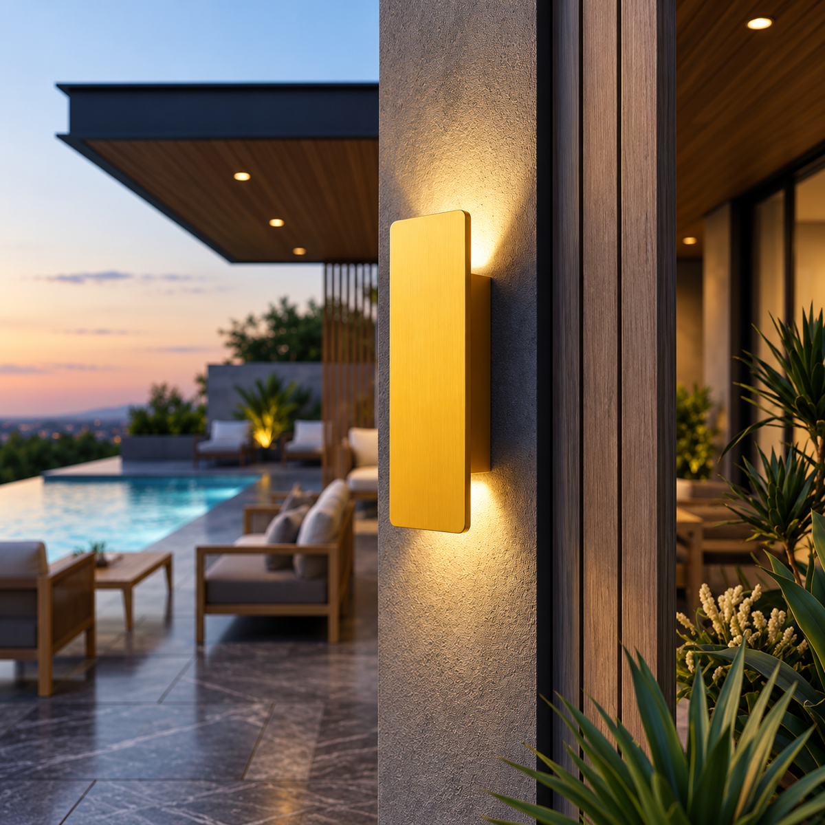 A modern rectangular wall sconce light fixture mounted on a concrete pillar at dusk, casting a warm yellow glow. The background shows a luxurious outdoor patio with a swimming pool, lounge chairs, and a wooden deck.