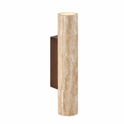 A modern cylindrical wall sconce featuring a textured beige travertine stone column with a dark brown rectangular wall mount, shown against a plain white background.