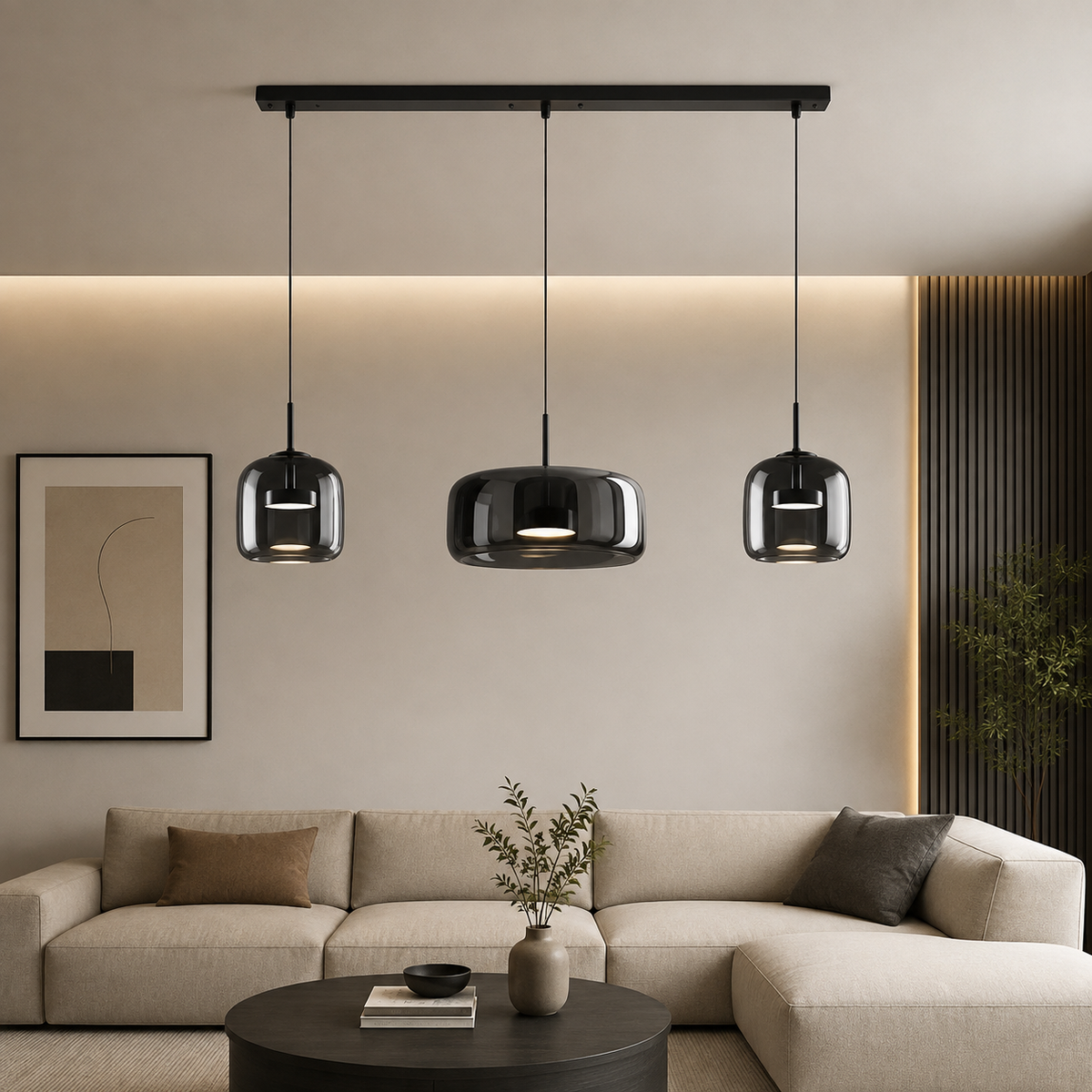 Three modern black pendant lights with glossy smoked glass shades hang over a beige sectional sofa in a contemporary living room with warm ambient lighting.