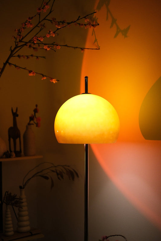 Mid Century Floor Lamp | Stylish Amber Glass Dome with Chrome Base | Modern Lighting for Cozy Spaces 0