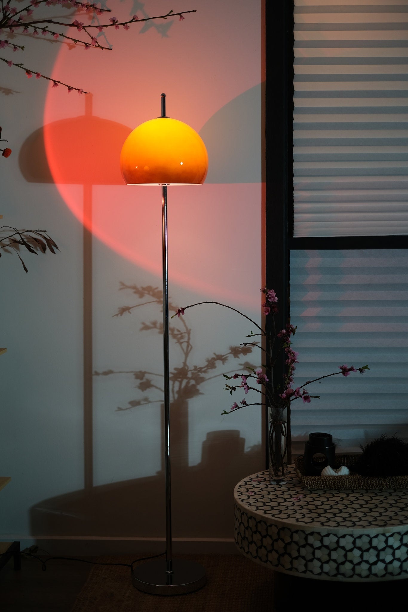 Mid Century Floor Lamp | Stylish Amber Glass Dome with Chrome Base | Modern Lighting for Cozy Spaces 4