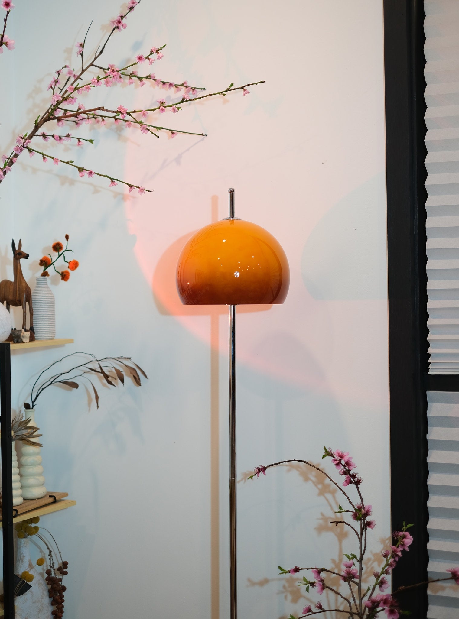 Mid Century Floor Lamp | Stylish Amber Glass Dome with Chrome Base | Modern Lighting for Cozy Spaces 7